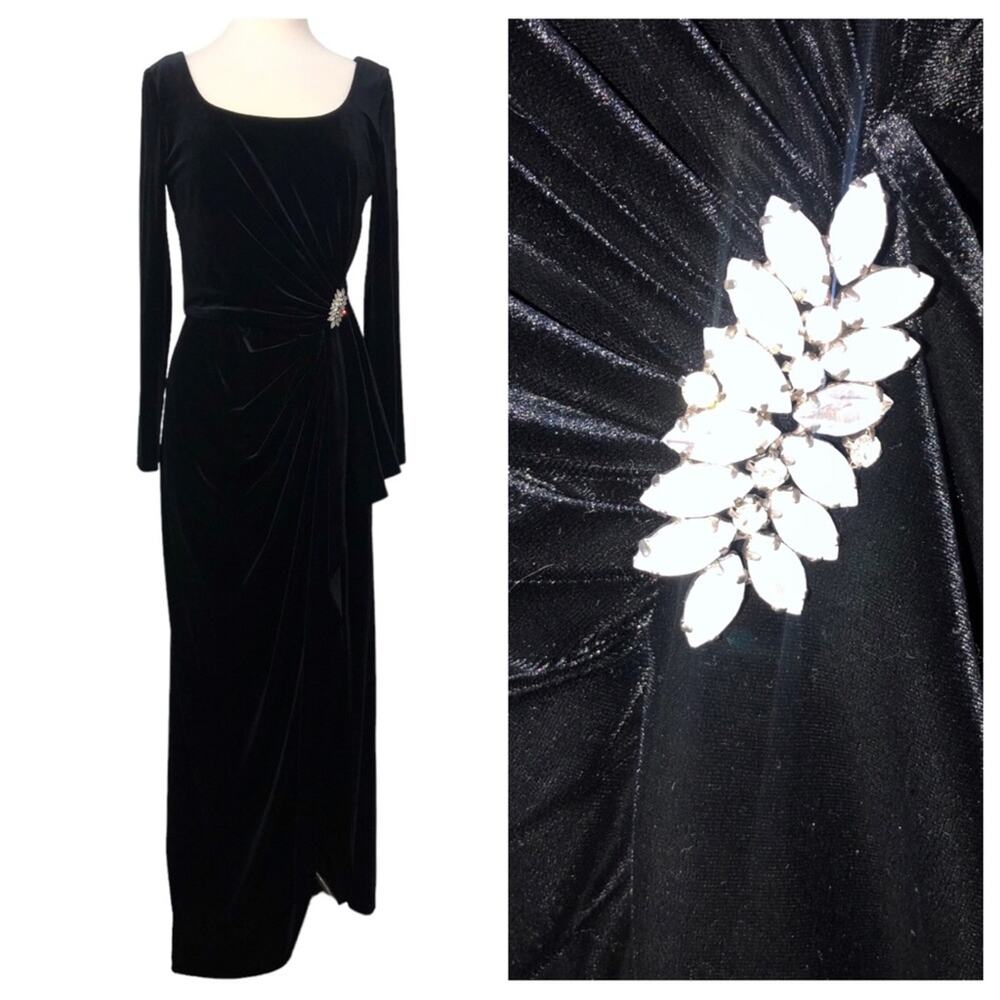 Jeffrey & Dara by Tom Barra Black Velvet Embellished Gown 14 EUC